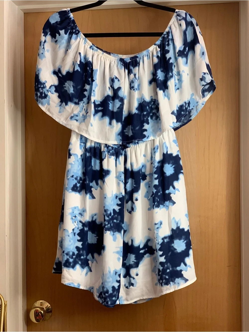 Rokoko Off-Shoulder Blue Tie-Dye Summer Mini Dress Size-Large Coastal Chic